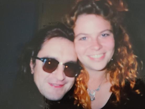 A close up old and blurry photo of me and Wayne Hussey. He wearing prescription dark glasses and me looking a little worse for wear!