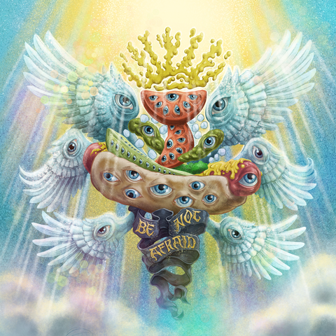 A digital illustration of an angelic Chicago-style hot dog floating in beams of ethereal heavenly light. Several of its components (tomatoes, onions, peppers) are floating above the bun and a crown of radiant mustard is above it all. The hot dog has six white feathered wings arrayed behind it. Each wing has an eye, and every component of the hot dog is covered in blue eyes. Under the hot dog is a twisting scroll of gray-blue fabric bearing the words BE NOT AFRAID.