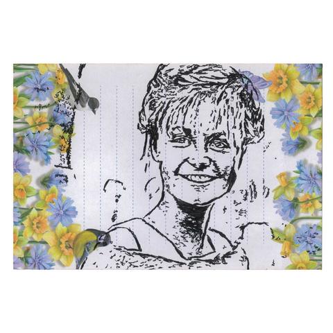 Pen drawing of Arkie Whitely smiling, drawn on a piece of floral stationary.