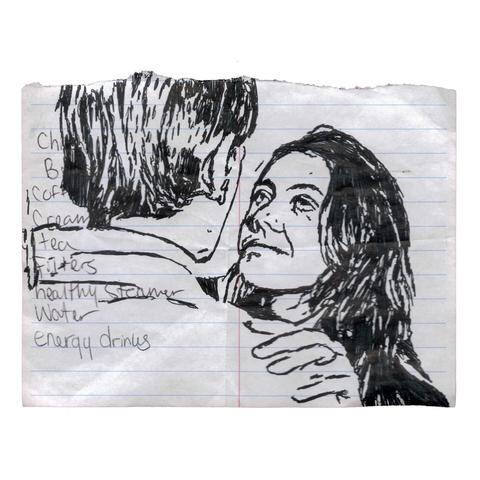 Pen drawing of Arkie Whitely smiling, drawn on a piece of floral stationary.