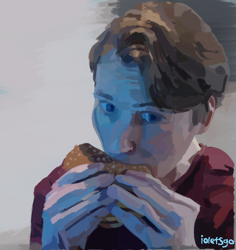 A digital painting of Jerma985 eating a hamburger