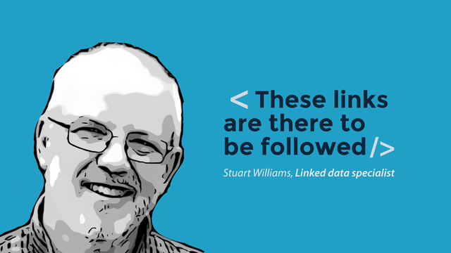 Stuart in cartoon style over a bright blue background and one of Stuart's quotes in black text to the right: "these links are there to be followed"
