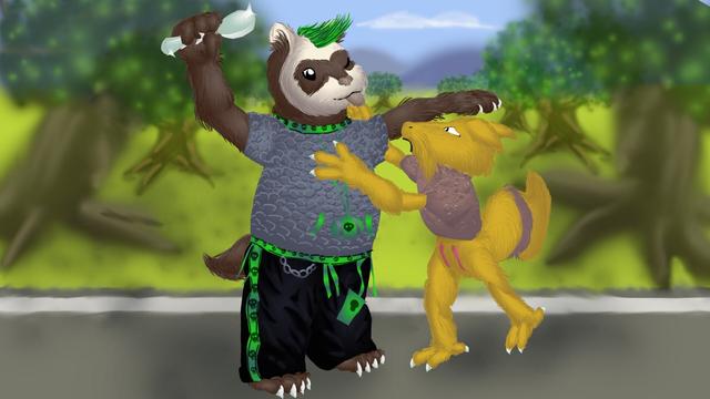 Scene in a national park: An anthropomorphic ferret adventurer in a chain mail shirt and a mohawk has stopped along an asphalt road to hold the spoon of a Kadabra (the psi cat pokémon) just out of her reach (Kadabra's gender is evidenced by her short whiskers). The Kadabra, about a head shorter than the ferret, reaches for it worriedly on one foot while the ferret winks, sticks his tongue out at, and pats her head (though the scene is ambiguous and the ferret may just be measuring Kadabra's height against himself). They are surrounded by spaced out trees that extend all the way to the mountains in the horizon.