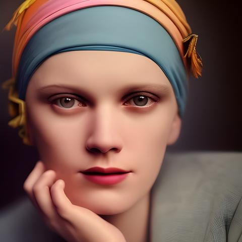 tinted head portrait of an androgynous person with beautiful eyes with muted earthy tones created in collaboration with artificial intelligence