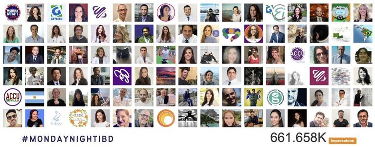 Collage of 102 profile photos of #MondayNightIBD participants. 661.658K impressions.