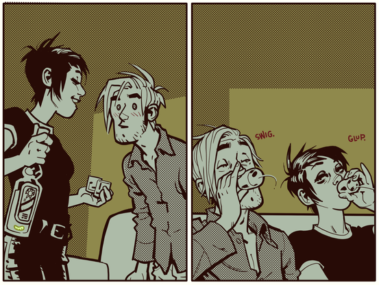 unlettered clip from Geezer 2 comic book. Geezer drummer Jess and singer Martin and a bottle of tequila.