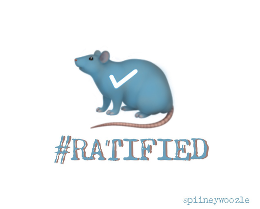 A cute blue rat with a pink tail and a white checkmark and the word ratified. #EnterNathan.