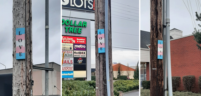 three photos of wooden blocks painted in trans pride colors with the word "love" stenciled in them nailed to wooden telephone poles around Vancouver. Not pictured: a fourth image of a trans pride banner drop at an overpass