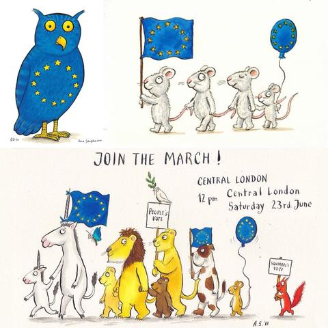 Various cartoon animals carrying EU flags by Axel Scheffler - Join the March