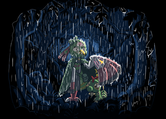 two pokemon, xatu and caterpie, are standing in a dark and rainy forest. the xatu has a green cloak on and is covering the caterpie from the rain with on of her wings. the caterpie is dry, but the xatu has water streaming down her cloak, face, and exposed wing.