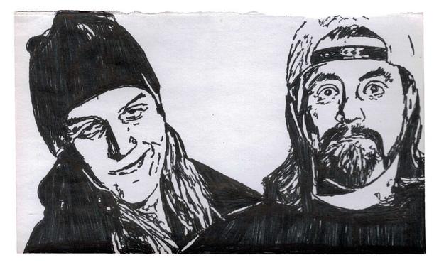 Pen drawing of Jay and Silent Bob smiling drawn on a torn-out long notebook page.