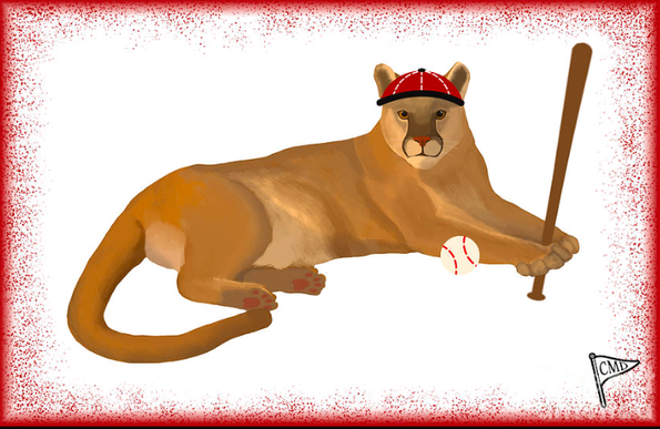 Our cougar mascot is playing baseball, with a red background.