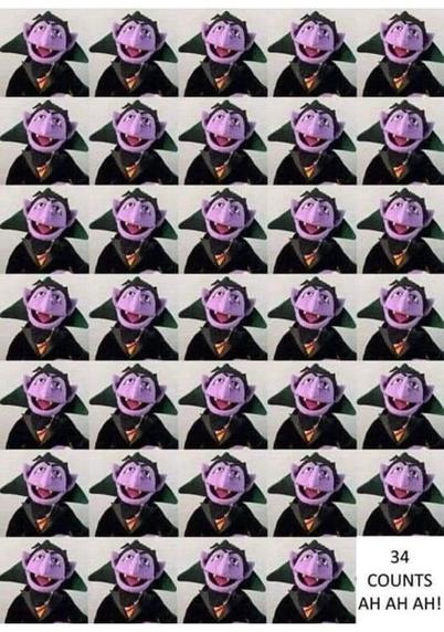 A picture of 34 identical Sesame Street Counts in a 7x5 grid. The final empty one is a white text box saying: "34 COUNTS AH AH AH!"