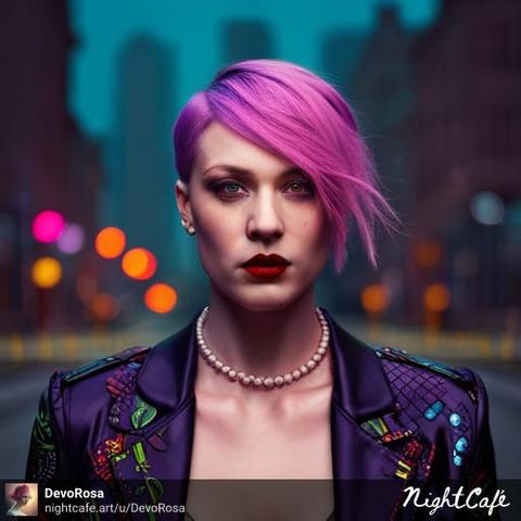 ai generated art, photography with a clear image of a contemporary punk woman in a street setting with bright colours with pink hair wearing an embellished leather jacket.