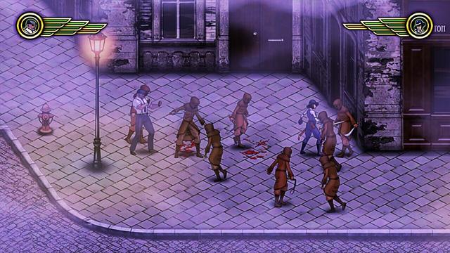 An image from a video game of styled humans fighting cultists on a gaslamp-lit city street