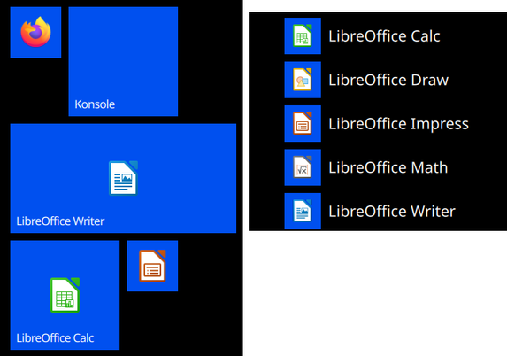 RetiledStart displaying some tiles for Firefox, LibreOffice Writer, LO Calc, and LO Impress. Firefox and Impress are small tiles and have no text, Calc is a medium icon and has text, and Writer is a wide icon and also has text. There's another screenshot on the right side of the All Apps list showing that the LibreOffice suite all has their icons.