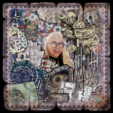 Composite of a number of fantasy maps surrounding a photo of the artist