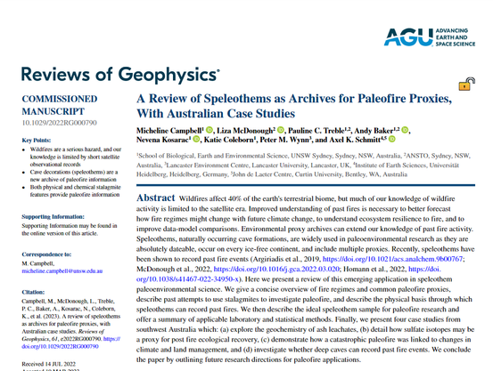A screenshot of a paper front page. The journal article is called "A review of speleothems as archives for paleofire proxies, with australian case studies' and it is published in Reviews of Geophysics.