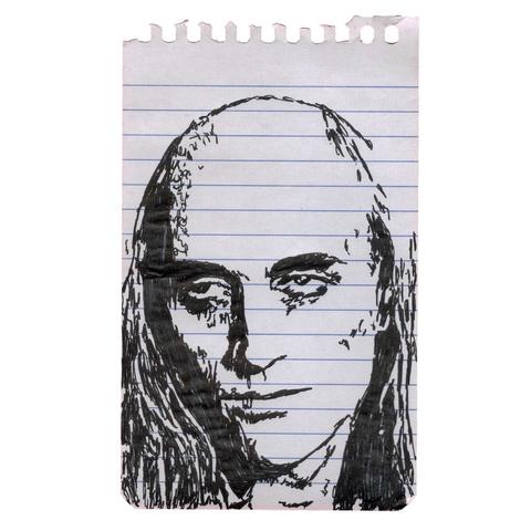 Pen drawing of Richard O’Brien as Riff Raff drawn on a spiral notebook page.