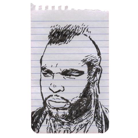 Pen drawing of Mr. T drawn on a torn-out spiral notebook page.