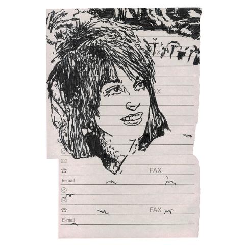 Pen drawing of Sharon Tate smiling in a bathtub drawn on a torn-out address book page.