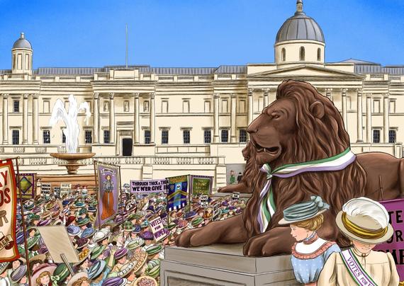 A drawing from
No Surrender shows a huge demonstration in Trafalgar Square c1908. We are up on the level of the enormous bronze lions, looking down and across the square which is full of hat-wearing women carrying banners and placards. In the background there’s the large stuccoed edifice of the National Gallery. In the foreground there are two suffragettes, one wearing a sash saying “votes for women”. Someone has tied a scarf around one of the lions’ necks in the colours of the Women’s Social & Political Union, green, white and purple. I loved drawing the lions, but I was beginning to run out of enormous crazy Edwardian hat inspiration!