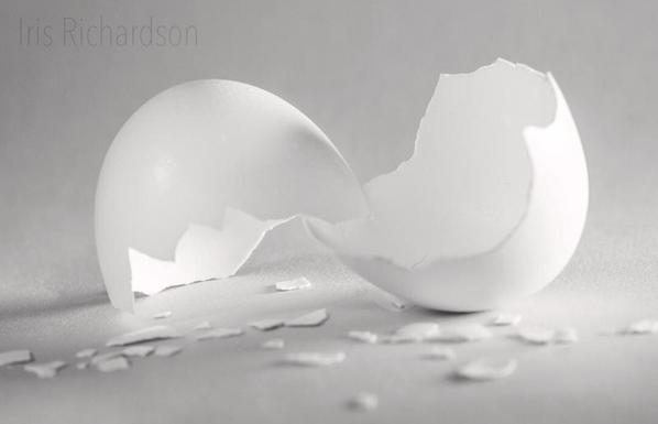 white egg shells broken black and white photograph. The two halves of the egg shell are next to each other one facing up and the other down. Small pieces of egg shells are spattered around them. Artist Iris Richardson , Gallery Pixel