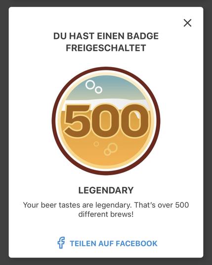 Laut diesem Abzeichen habe ich 500 unterschiedliche Biere getrunken.