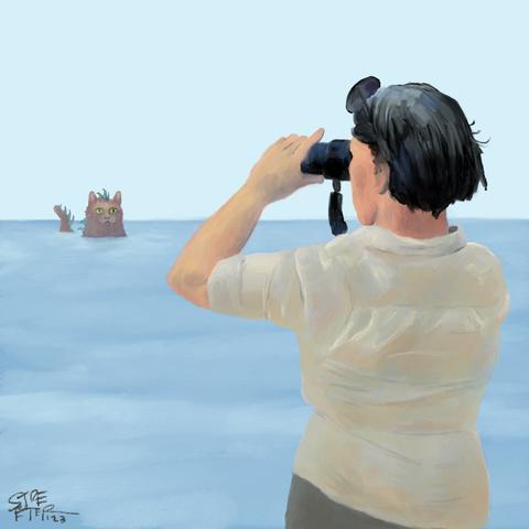 Digital color illustration of a woman looking out at the sea with binoculars at a sea cat emerging from the water