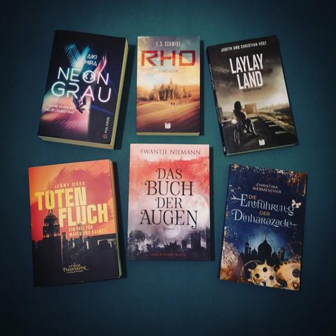 Foto mit 6 Büchern auf blauem Hintergrund: "Neongrau" von Aiki Mira, "Rho" von E. S. Schmidt, "Laylayland" von Judith und Christian Vogt, "Totenfluch" von Jenny Wood, "Das Buch der Augen" von Swantje Niemann und "Die Entführung der Dinharazade" von Christina Wermescher