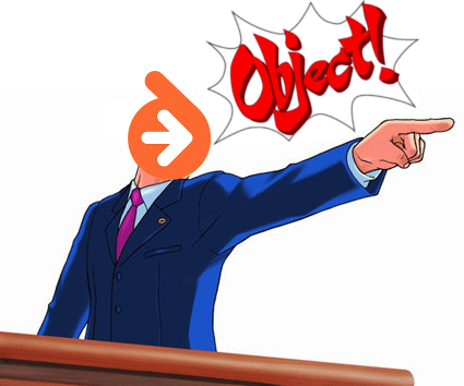 An amalgamation of the Doctrine logo and Phoenix Wright shouting "object" instead of "objection".