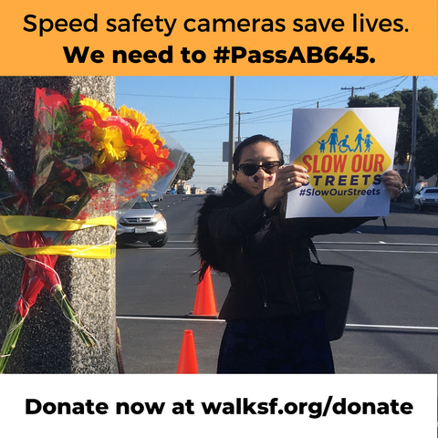 Text says: Speed safety cameras save lives. We need to Pass AB 645. A woman holds up a sign that says Slow our Streets. A white bar underneath says Donate now at walksf.org/donate