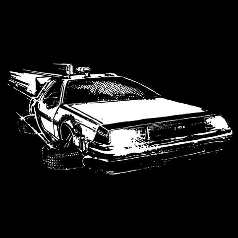 Flying DeLorean drawn on a black background.