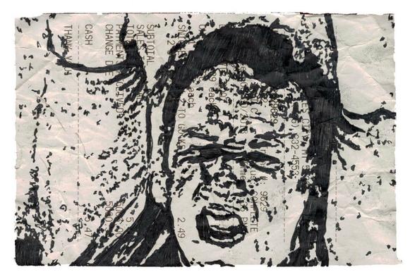 Pen drawing of Gene Hackman holding onto a pipe and yelling drawn on a receipt.
