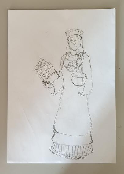 Stern looking lady in Viking dress, wearing a crown and eye glasses. In one hand she holds a gigantic cup of tea, in the other the book "How To Deal With Idiots When You Know Everything".