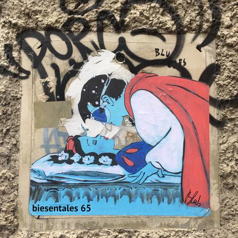 Cover, wall, mural, scifi princess & prince kissing in blue, white, red, she sleeps, h bnds down to her, half covered by unrelated spray tagging. You're the best already, when you read this. Download soon on https://open.audio/channels/biesentales_past_episodes/