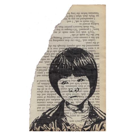 Pen drawing of a young Japanese boy wearing a windbreaker drawn on a torn book page.
