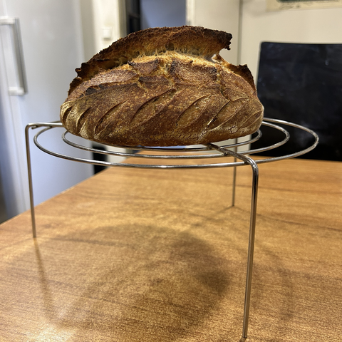 Same bread (still on the cooling rack) seen from the other side; here the shallow cuts I also made bloomed up in a leaflike pattern. Again, it is a pretty bread.