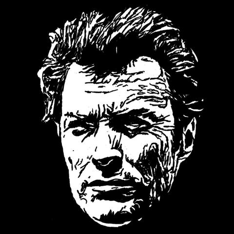 Pen drawing of Clint Eastwood’s scowling face drawn on a black background.