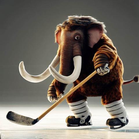 A picture of a Mastodon in ice-hockey accoutrements; generated synthetically by the ML at Bing.com