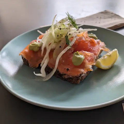 Open-faced Sandwiches - Smørrebrød
cured McFarland Springs trout, potato crema, dill mayo $14