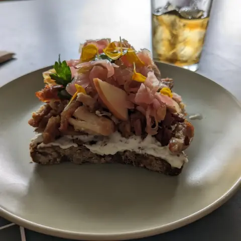 Open-faced Sandwiches - Smørrebrød
 slow-roast pork shoulder, lacto cabbage, apple and mustard $12