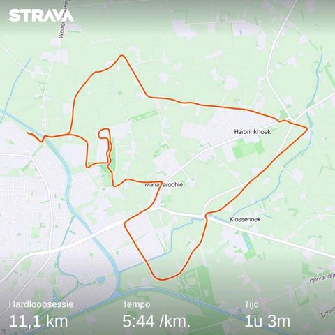 Routekaart van looptraining
Afstand 11,1 km Tempo 5:44/km Tijd 1u 3m