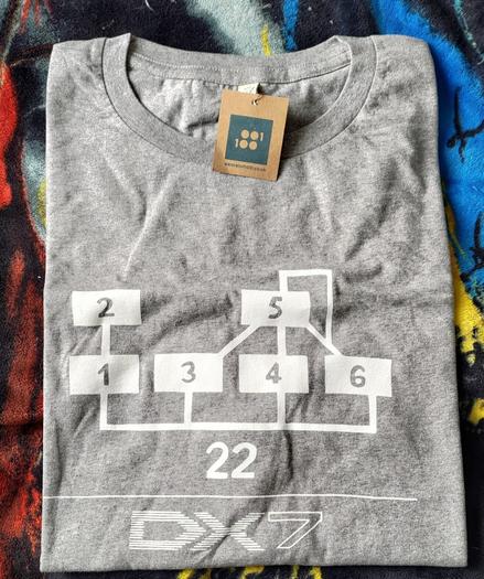 A grey t-shirt with white print of a 6 Operator FM algorithm in block schematic. With the logo of the Yamaha DX7 synth beneath