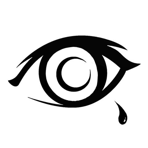 Stylized eye symbol with a black tear.