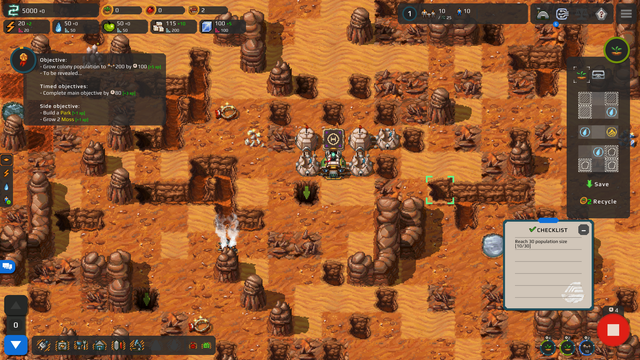 Screenshot of Farlanders. It shows the early stage of a settlement with terraforming puzzle-tiles on the right.