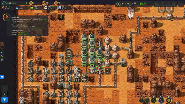 Screenshot of Farlanders. The settlement has 92 citizens and a lot of infrastructure. Two spaceships are docked on the landing pads.