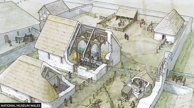 Original caption: An artist's impression shows how the Llys Rhosyr settlement might have looked. (I wish they'd tell us who the artist is! Anyway, this is an illustration showing several buildings with thatched roofs and people milling about. There are horses too. Gotta have some horses in there.)
