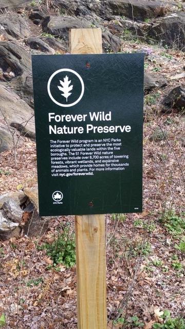 Forever Wild Nature Preserve sign.  Its a program of NYC Parks.