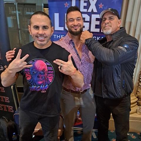 Goldberg with Wardlow and Matt Hardy in a local wrestling convention.